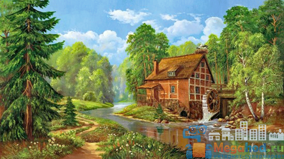 Репродукция "Домик в лесу с аистами" от магазина мебели MegaHod.ru